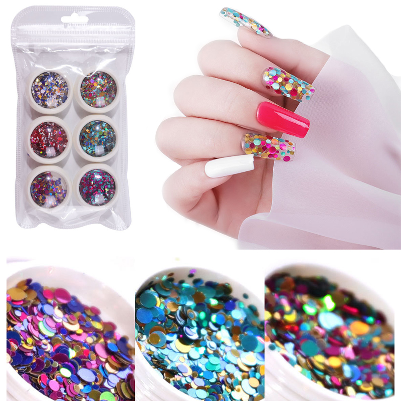 

6Box/bag Mixed Color Round Nail Glitter 3D Sequins Paillette Powder Colorful Spangles Polish Manicure Nails Art Decorations
