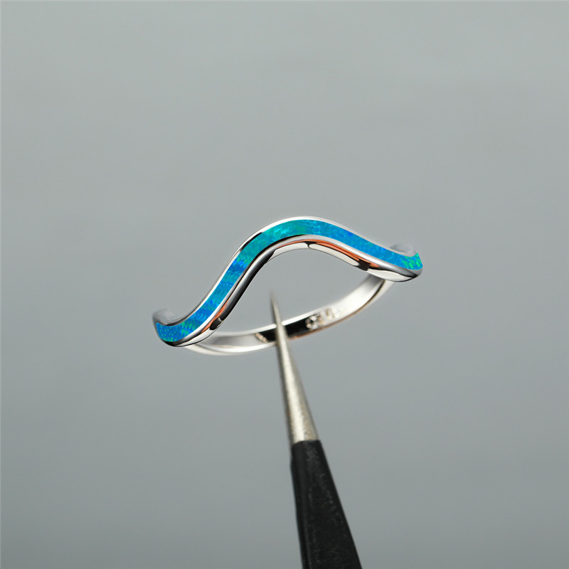 

Minimalist Female Blue Opal Stone Ring Classic Rose Gold Silver Color Ring Cute Wave Wedding Band Engagement Rings For Women