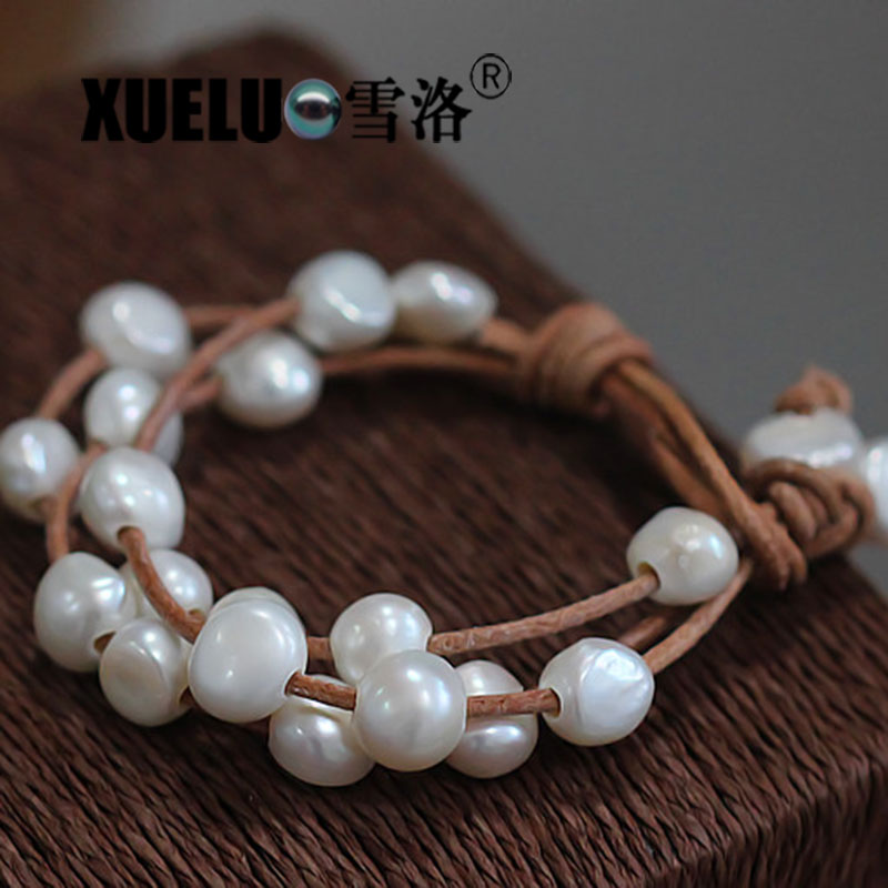 

XUELUO Trendy Multi Strands Real Leather Natural Cultured Baroque Fresh Water Pearl Bracelet