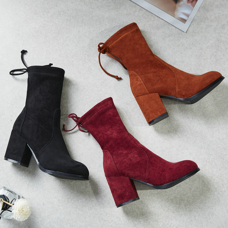 

2020 Women Mid-calf Boots Flock Leather Autumn Winter Short Plush Square Heels Lace-up Boots Women Size 34-39 Socks, Black