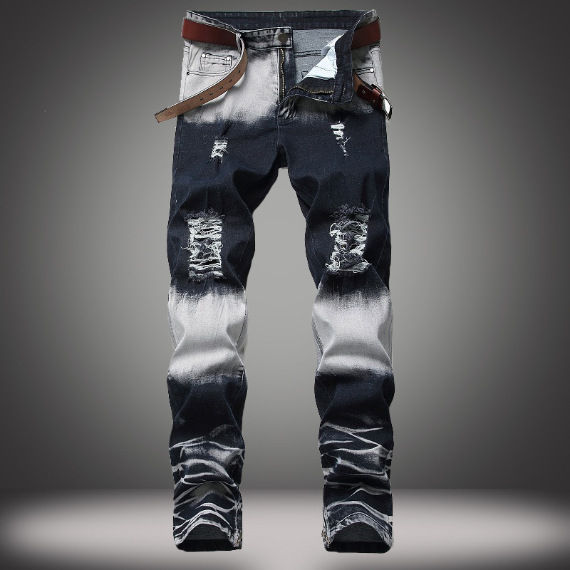 

2020 Men's New Style Leg Zipper Decorative Jeans Youth Two-Color Straight Hole Faded Trousers, Blue
