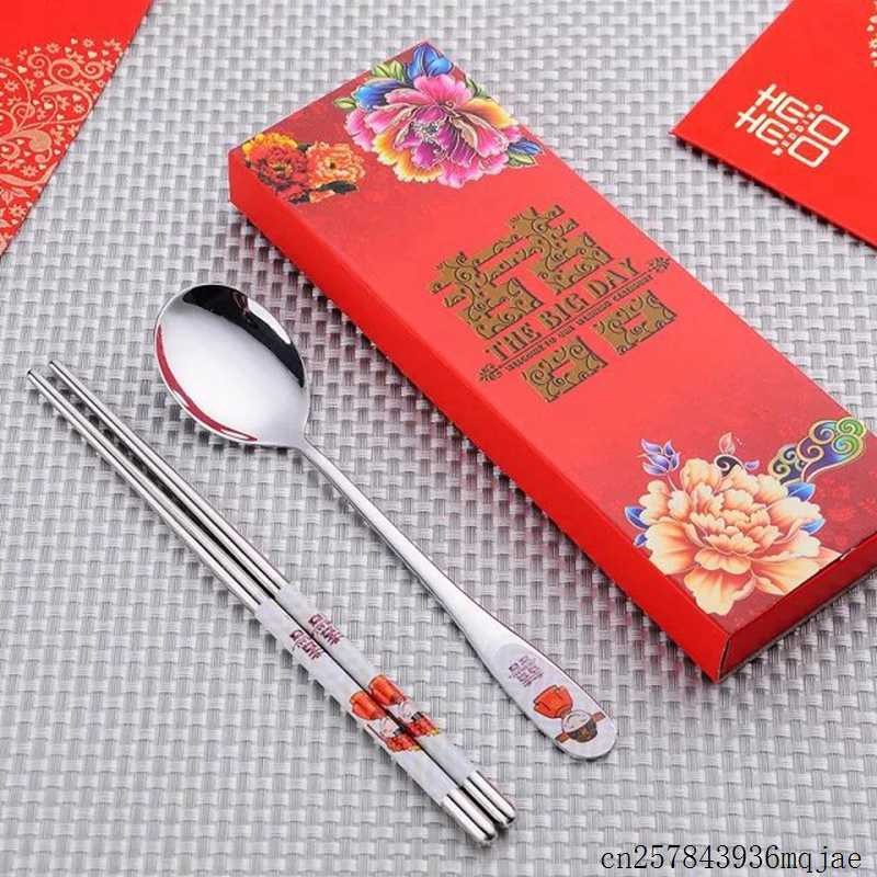 

100sets Spoons Chopstick Sets Double Happiness Dinnerware Stainless Steel Material Wedding Party Gifts for Guest