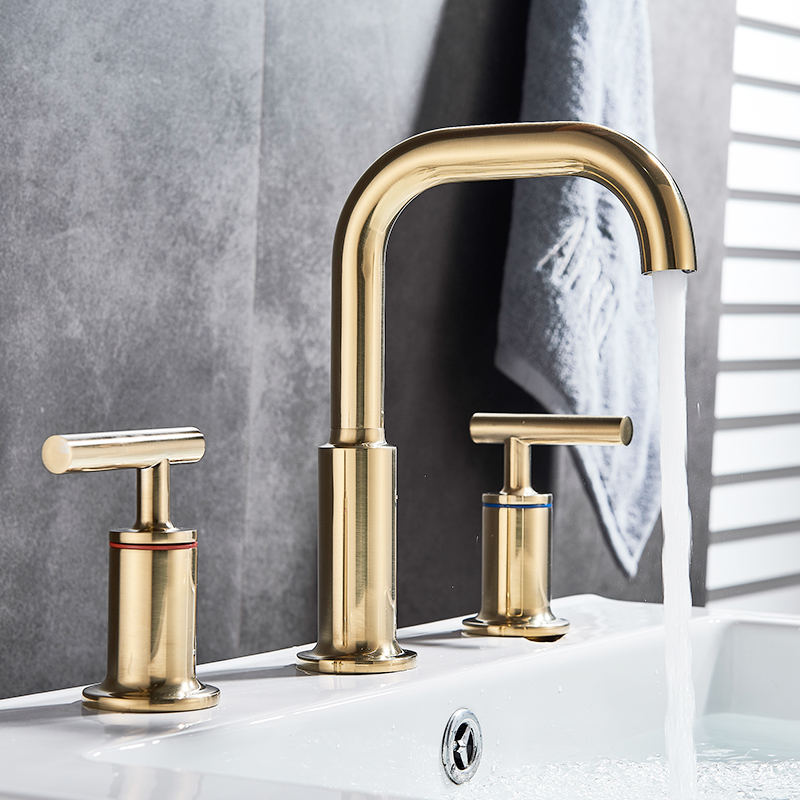 

Vidric Brushed Gold Basin Faucet Deck Mount Dual Handles Hot Cold Water Mixer Tap Bathroom Shower Faucet Basin Tub Sink