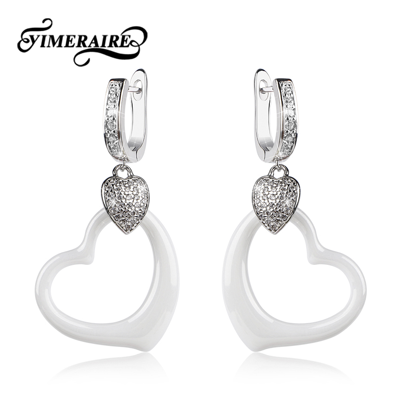 

New White Heart Shaped Smooth Ceramic Earrings With Small Rhinestone For Women Girls Elegant Lady Fashion Style Wedding Jewelry