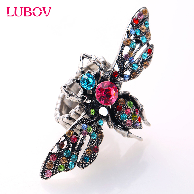 

Unique Vivid Bee Imitation Multi Color Rhinestone Ring Elastic Stretch Adjustable Finger Ring Fashion Ball Party Jewelry