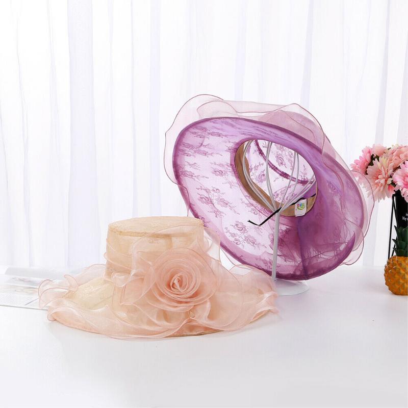 

2020 Elegant Women Lace Retro Wide Brim Anti-UV Sun Hat Wedding Party Cap 8 Colors