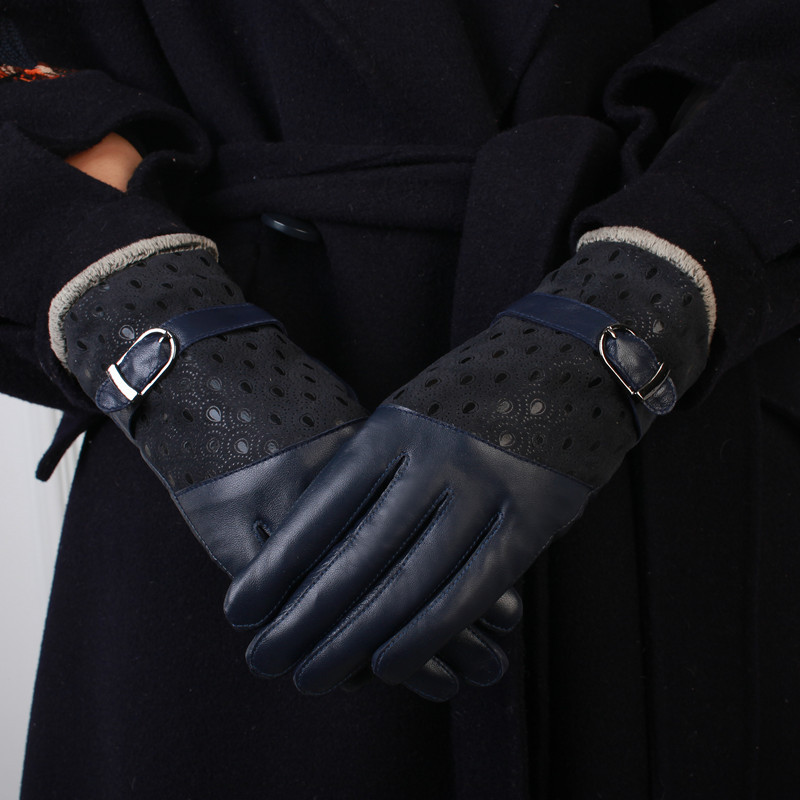 

Genuine Leather Sheepskin Women's Gloves Outdoor Soft Warm Plus Velvet Thickened Hand Muff Unique Peacock Print Mittens H3205