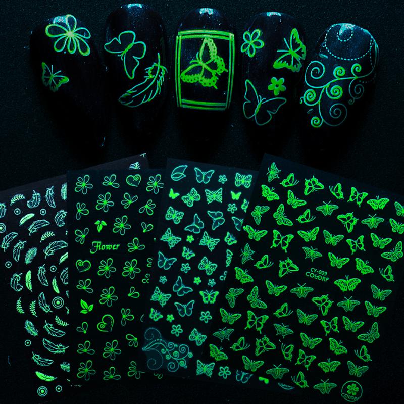 

2pcs Luminous Effect Sticker for Nails 3D Butterfly Flower Nail Art Transfer Slider Glow in the Dark Manicure Tips LYCY001-017-1, Cy010-011
