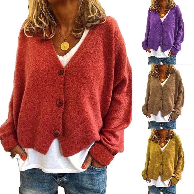 

V-Neck Loose Sweater Oversize Solid Color Coat New Woman Sweater Comfortable All-Match Simple Lady Knit Cardigans, Black