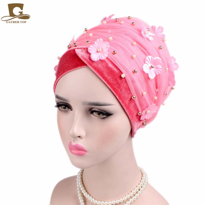 

New Fashion 3D Flower Beaded Extra Long Mesh and Velvet Turban Head Wrap Nigerian Turban Stylish Head scarf Women Africa Hijab