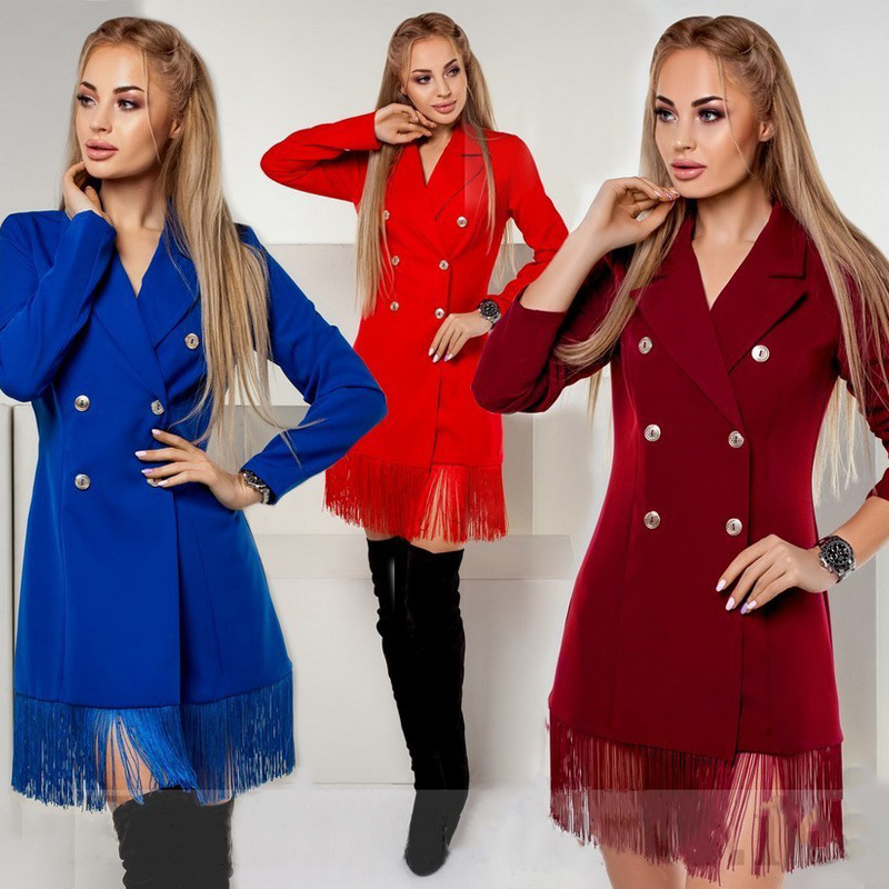 Womens Designer Casual Bodycon Shirt Dresses Tassel Double Breasted Slim Fit Blazer Dress Solid Autumn Sexy Women Trench Coat Maxi Dress-image-581615393