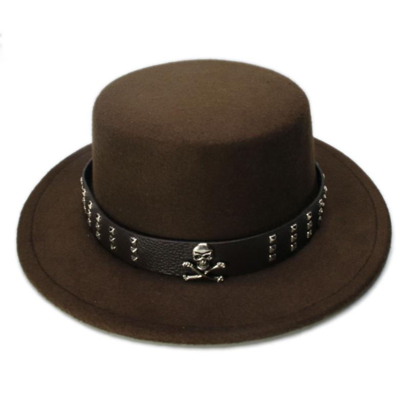 

LUCKYLIANJI Women Men Vintage 100% Wool Wide Brim Top Cap Pork Pie Pork-pie Bowler Hat Skull Bead Leather Band (57cm/Adjust, Black