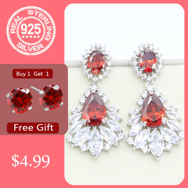

Luxury Red Garnet White Topaz 925 Silver Earrings for Women Wedding Birthday Jewelry Free Gift