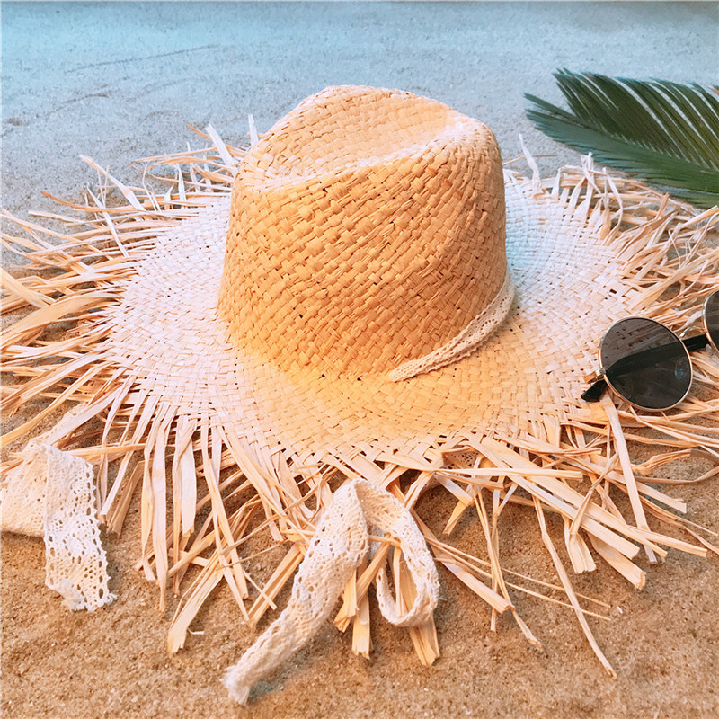 

Women Summer Raffia Beach Sun Hat For Elegant Lady Big Wide Brim Natural Sunbonnet Panama Cap Hat Size 56-58CM, Khaki