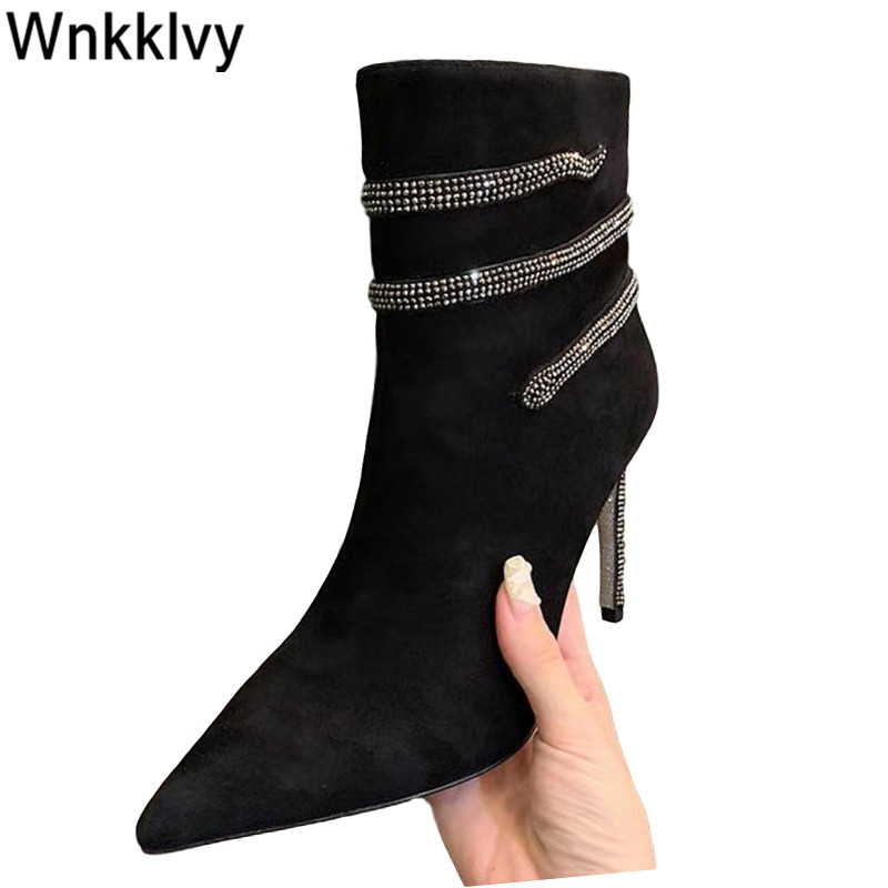 

Fall sexy shoes women Snake crystal twine thin high heels pointed toe suede ankle botas 2020 sexy stilettos ladies short boots, Black