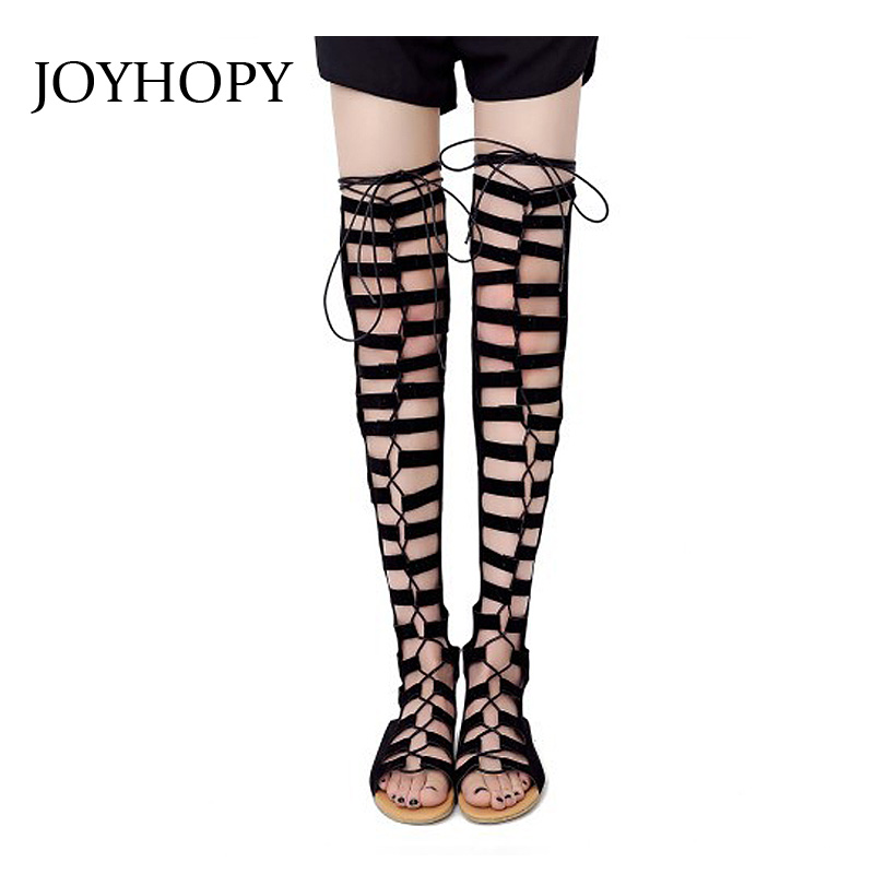 

JOYHOPY Nubuck Leather Gladiator Sandals Fashion Suede Womens Thigh High Summer Boots Hollow Out Over The Knee Flat Boots WP1350, Black