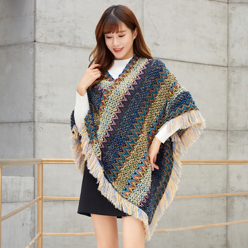 

2020 new spring and autumn national wind cloak shawl knitted pullover mohair fringed scarf female long shawl to keep warm