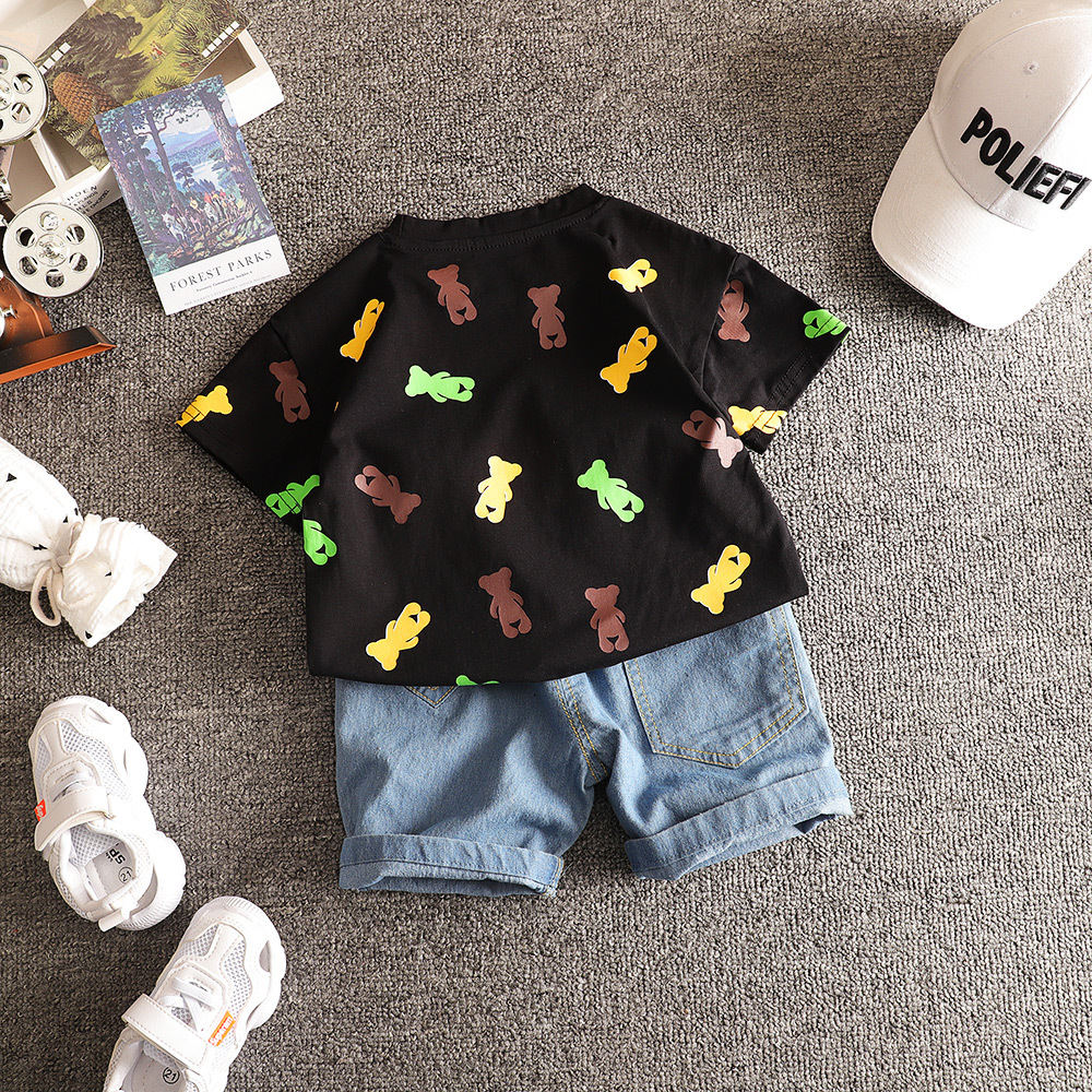

Baby Boys Girls Summer Clothes Cartoon Cotton Infant Sports Suit for Boy Cute Printed Short sleeve T-Shirt + Shorts 2pcs, Black