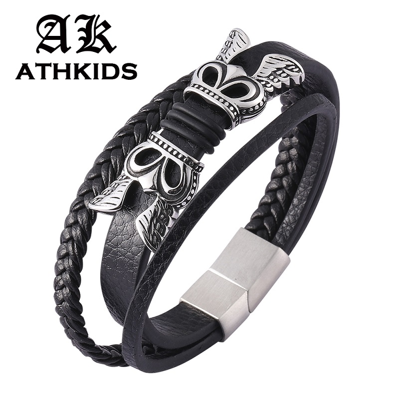 

Unique Design Black Leather Multi-Layer Bracelets Men Women Jewelry Magnetic Buckle Unisex Wrist Band Fashion Gifts PD0447, Golden;silver