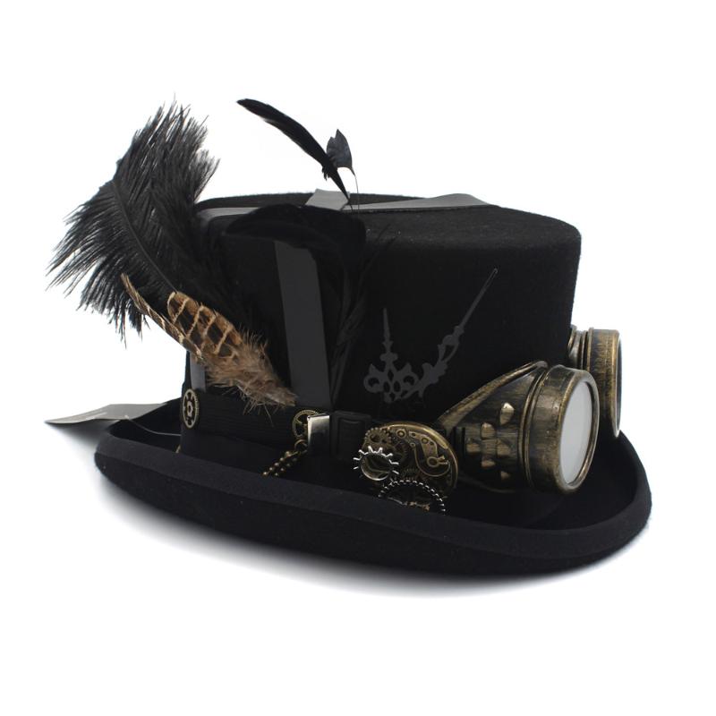 

4Color Women Men Wool Handmade Steampunk Top Hat With Steam Punk Glasses Gear Feather Fedora Party Hat 4 Size 13.5CM, Red 55cm