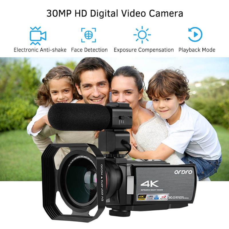 

ORDRO HDV-AE8 30MP 4K WiFi Digital Video Camera Camcorder DV Recorder 3"IPS LCD Touchscreen 0.39X Wide Angle Lens+Mic Lens Hood, As pic