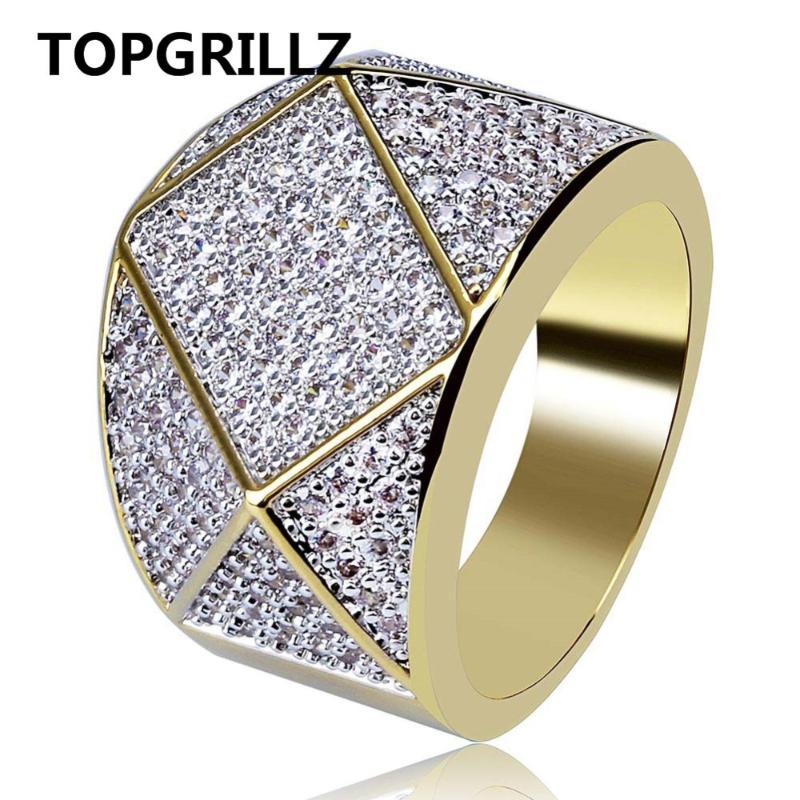 

Men's Iced Out Cubic Zircon Geometric Ring Hip Hop Gold Color Plated Copper Material Hollow Rhinestone CZ Jewelry Rings Gifts