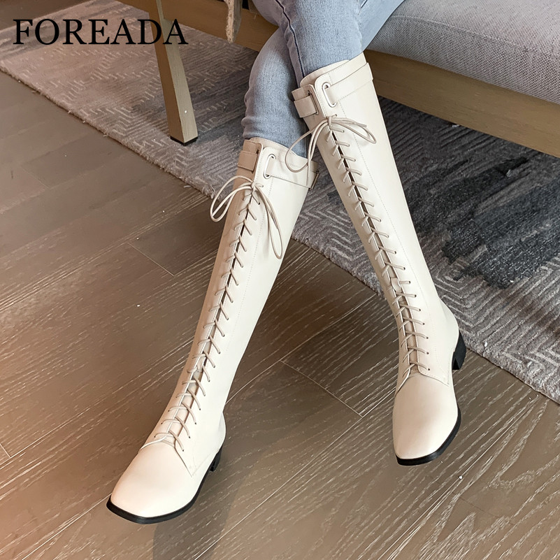 

FOREADA Real Leather Boots Woman Med Heel Knee High Boots Zip Buckle Thick Heel Long Square Toe Lace Up Female Shoes Beige, Black