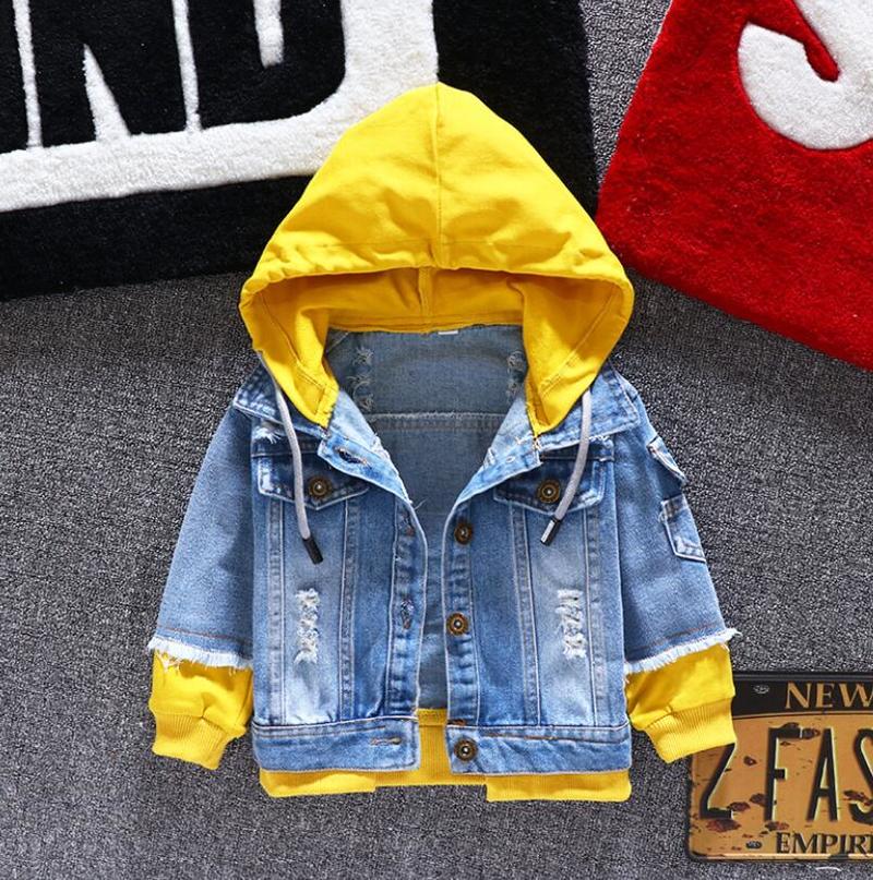 

Boy girl Denim Jackets kids jeans coat Children splice Outerwear clothing Spring Autumn boy hooded sport Clothes For 1-6T kids kg-26, Yellow