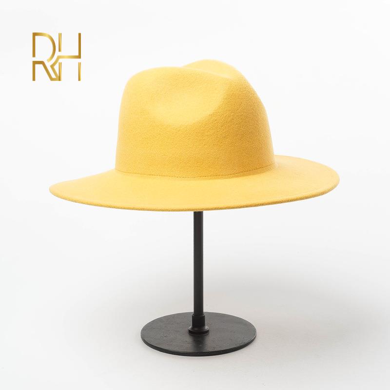 

Fashion Wide Flat Brim Wool Felt Fedoras Hats Band Jazz Trilby Formal Top Hat Panama Cap Floppy Hat For Men Women RH, Black