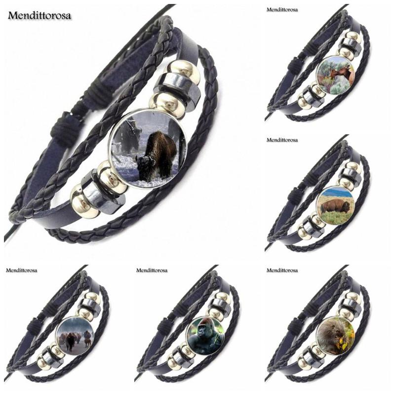

EJ Glaze Wild Animal Picture Brand Jewelry Black Leather Bracelet Bangle Glass Dome For Women Girls Handmade
