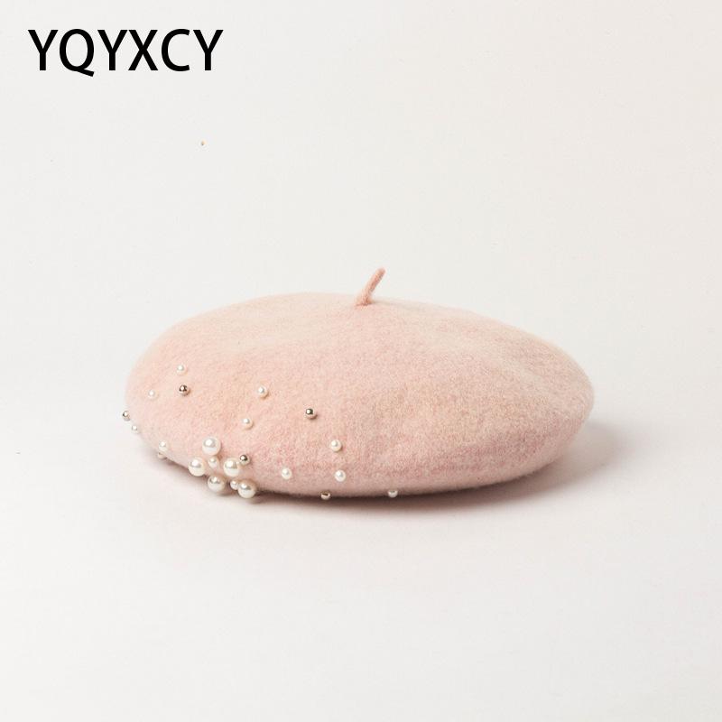

Autumn Winter Wool Beret With Pearl Beads Painter Hat Pink Beret Women Hat Chapeau Femme Fashion Gorras French Bonnet