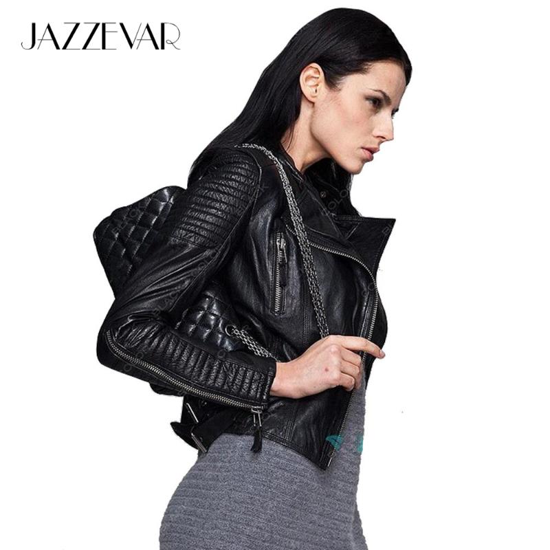 

Genuine Leather JAZZEVAR autumn high Fashion street brand style Women real Leather Short Motorcycle Jacket Outerwear top quality, Black
