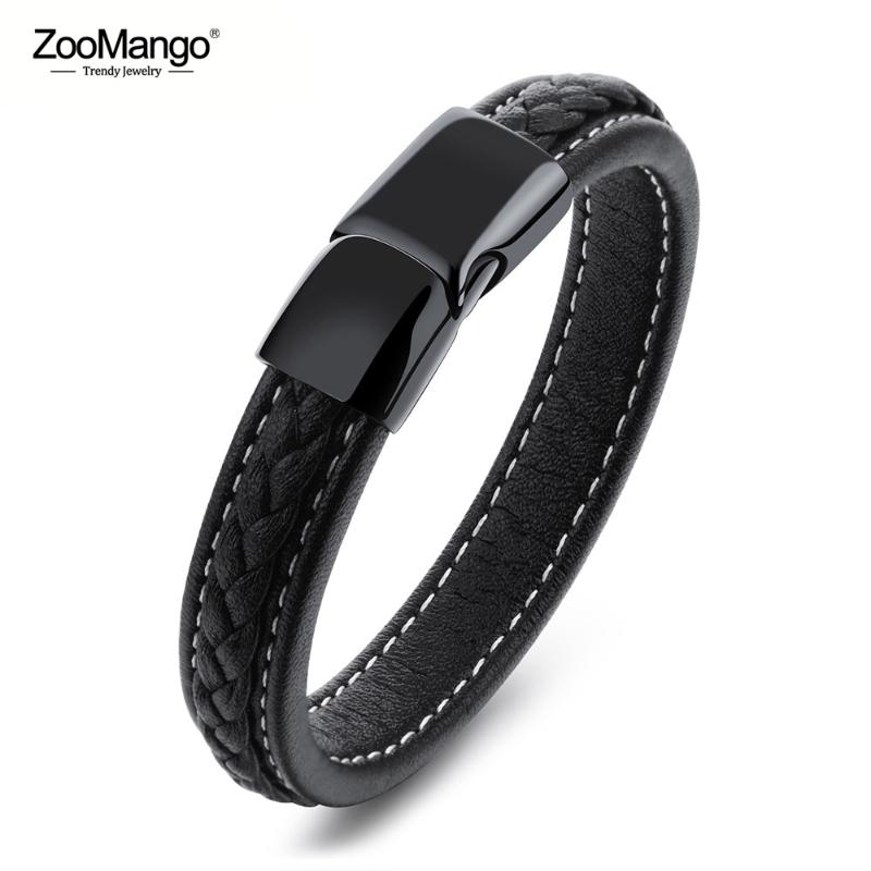 

ZooMango Genuine Black Leather Wrap Bracelets For Men Stainless Steel Magnet Buckle Charm Bracelets & Bangle Jewelry ZOPH1101