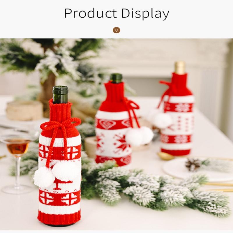 

New Design 3pc Christmas new red and white knitted double ball red wine bottle cover Set Decorative Home Accessory