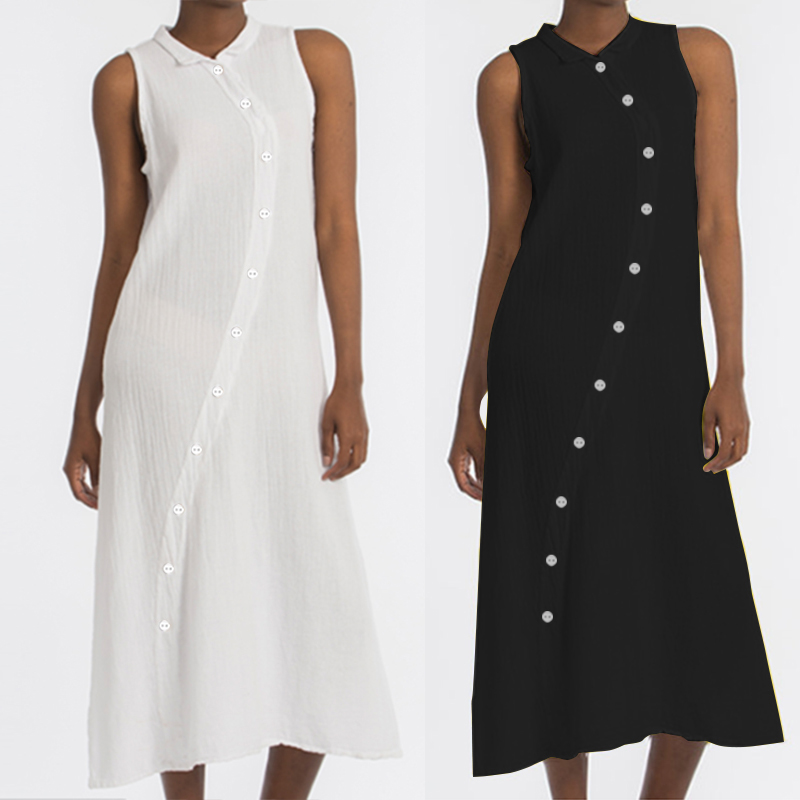 

ZANZEA 2020 Fashion Sleeveless Summer Midi Dress Women' Summer Sundress Casual Asymmetrical Button Long Vestidos Plus Size Robe, Black