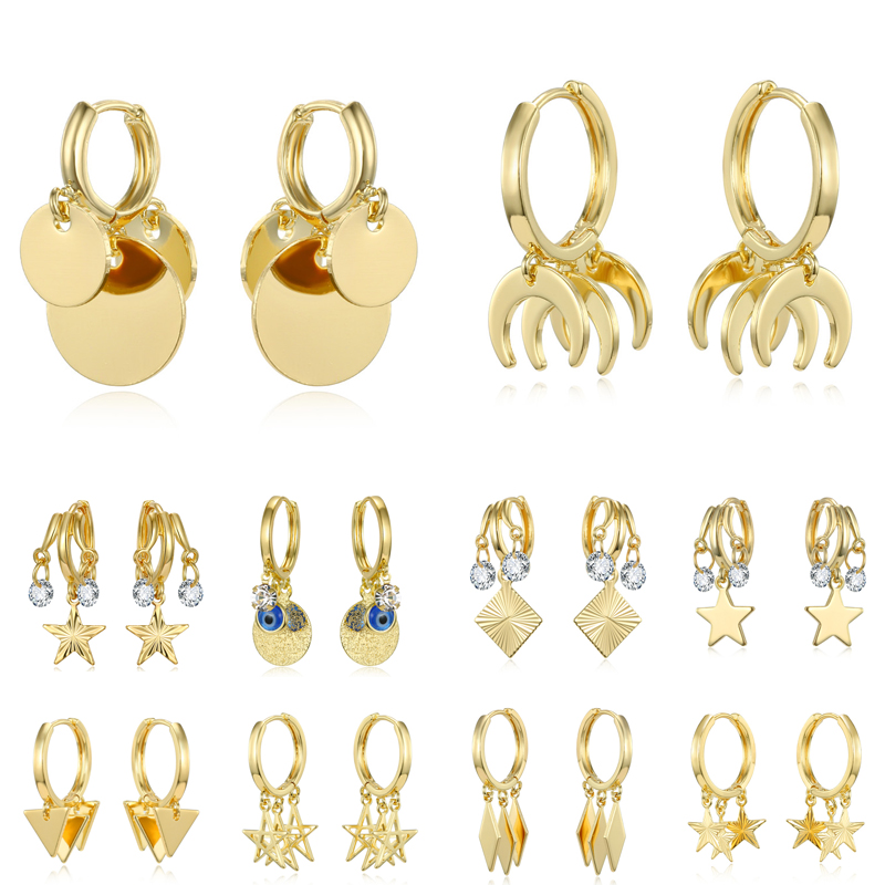 

New Hollow Star Triangle Rhinestone Hoop Earrings Punk Trendy Gold Metal Multilayer Circle Evil Eye Ear Stud Women Jewelry