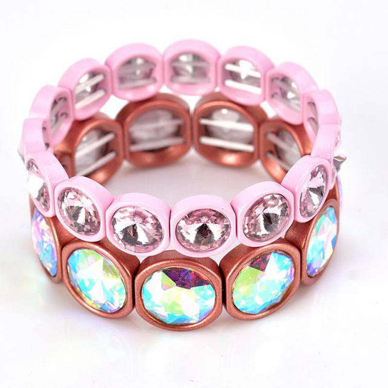

12 Color Mixed Bohemian Enamel Stretch Tile Bead Painting Big Crystal Elastic Bracelet Bangle For Women