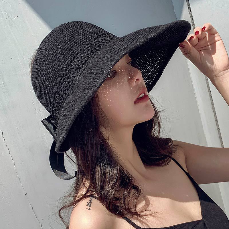 

2020 New Empty top bow Wide Brim Women's Straw Hats Summer Sun Hats for Women Lady Beach Foldable sunscreen Flat Gorras, Black