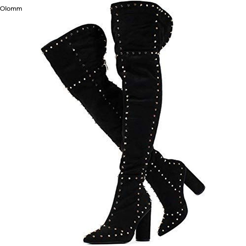

Olomm Handmade Women Thigh High Boots Square Heels Boots Pointed Toe Sexy Black Leopard Club Wear Shoes Women Plus US Size 5-15, D2611 leopard