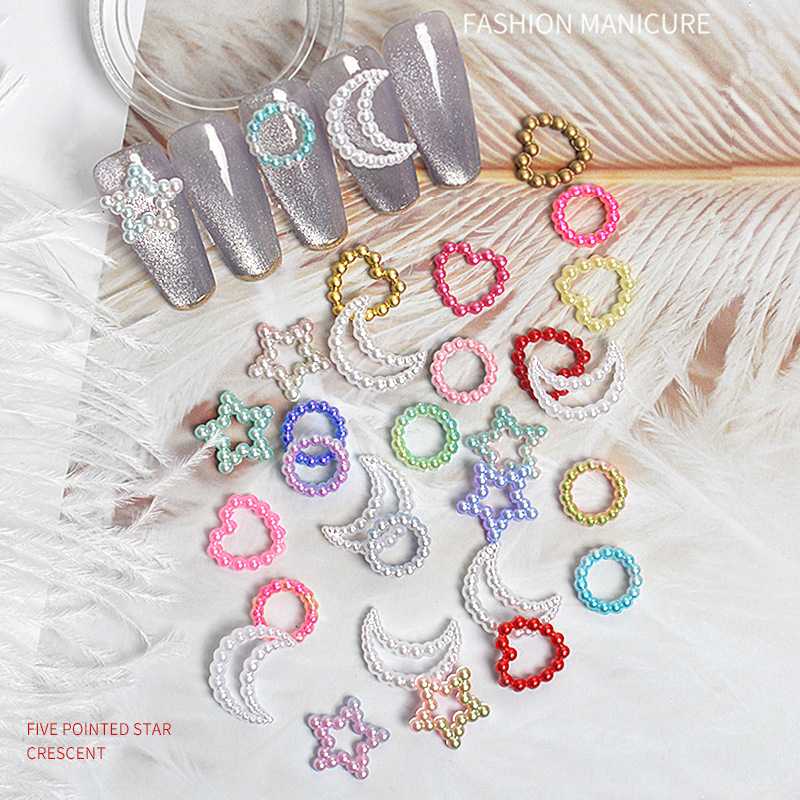 

50pcs Colorful Charm Pearl Chain 3D Nail Art Decorations Heart Star Moon Round Design Jewelry Fashion Manicure DIY Accessories