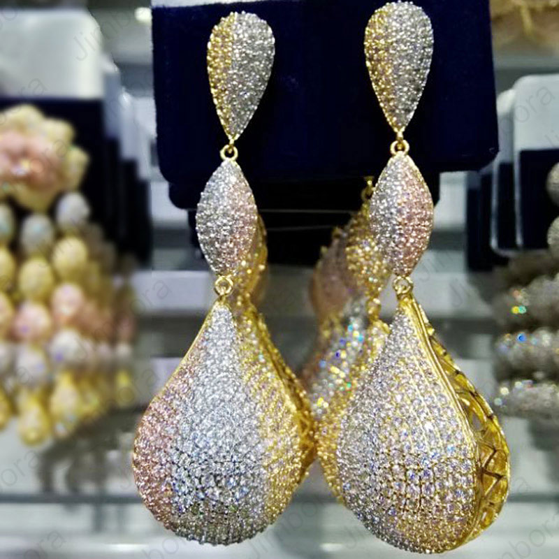 

JIMBORA Luxury Leaf Big Cubic Zircon Nigeria Big Dangle Earring For Women Wedding African Bridal Earrings boucle d'oreille femme