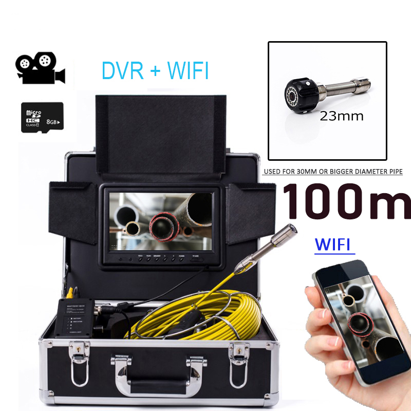 

night vision long battery 100m cable built-in WIFI pipeline drain sewer inspection with 6.5/17/23mm camera head