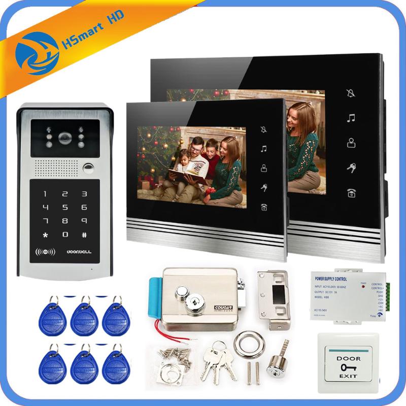 

Visual Intercom Doorbell 7'' LCD Wired Video Door Phone System 2 Indoor Monitor HD Outdoor Camera Support RFID Password Unlock