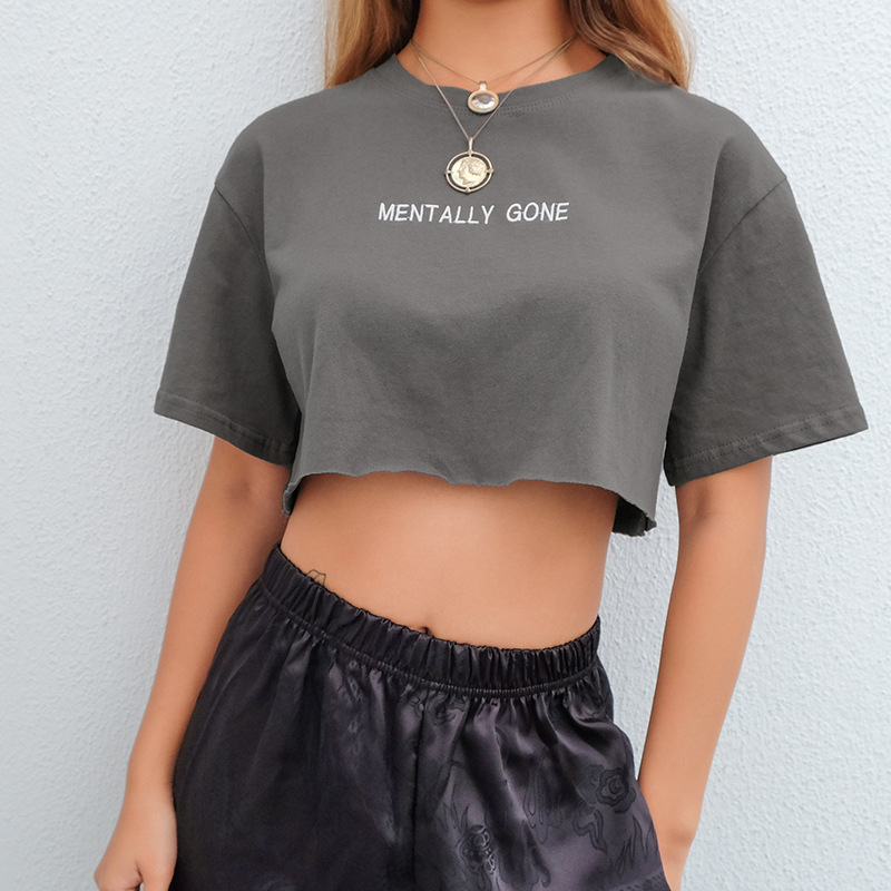 

Women Short Sleeve Letter Embroidery Crop Top Summer Fashion Round Neck T-shirt for Women Ladies, Gray