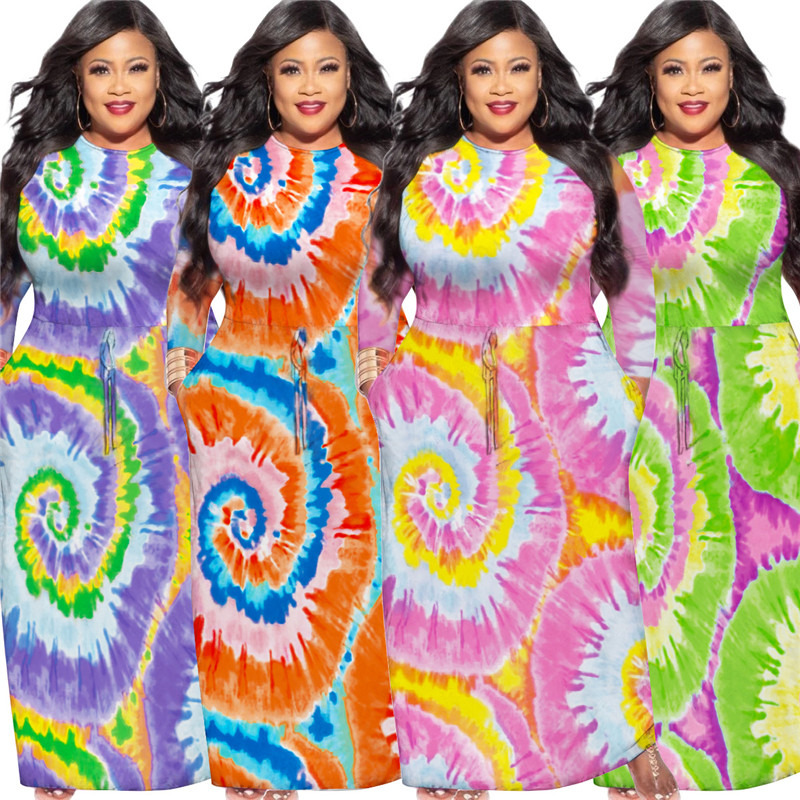 

Plus Size Womens Dresses Fashion Tie Dyed Long Sleeve O Neck Long Dresses Summer Womens Designer Clothes 2020, Green