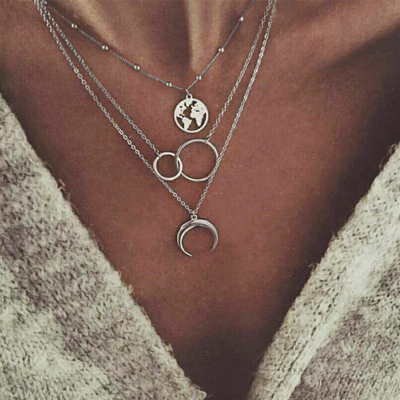 

UMKA Bohemian Moon Map Necklace For Women Vintage Multilayer Pendant Necklaces Star Beads Choker Fashion Jewelry 2020 New