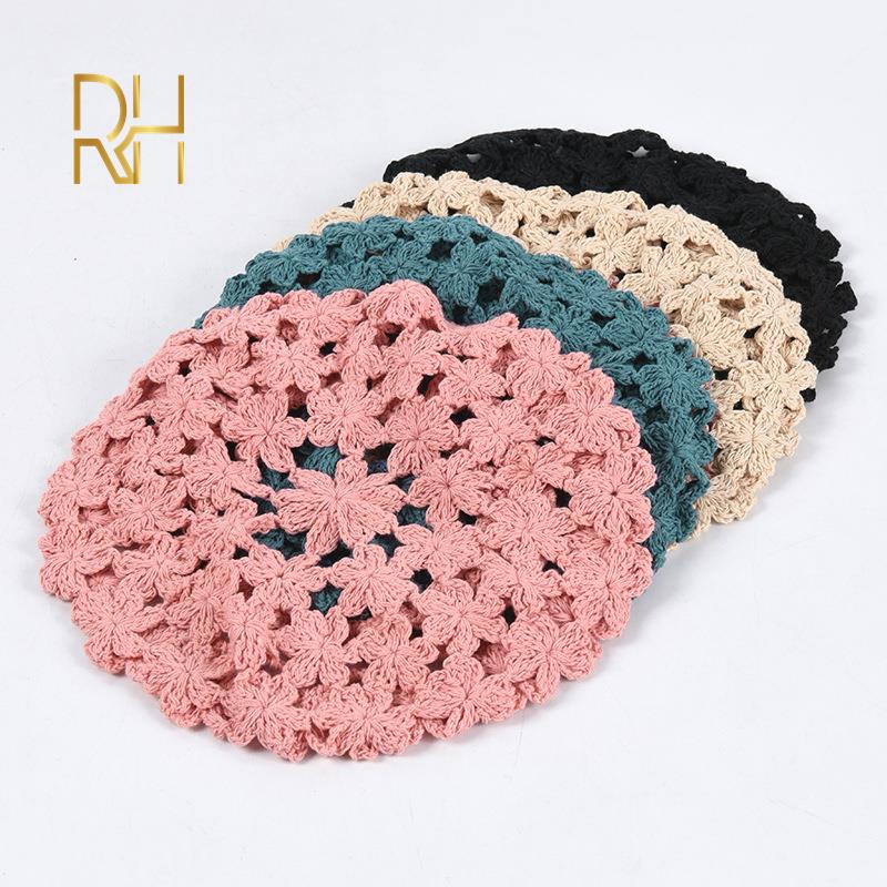 

Women's Knit Floral Beret Hat Spring Casual Acrylic Berets for Women Ladies Plain French Artist Beanie Beret Hats for Female RH, Black