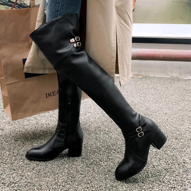 

BONJOMARISA Female Buckle Black Classic High Hees Knee High Boots Square Heel Office Casual Boots Women Fashion Shoes Woman, White