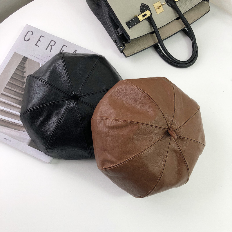 

Pu Leather Hat Pumpkin Hats Female Japanese Octagonal Cap Korean Printmaker Caps Boinas Para Mujer Gorros Invierno Casquette New, Black