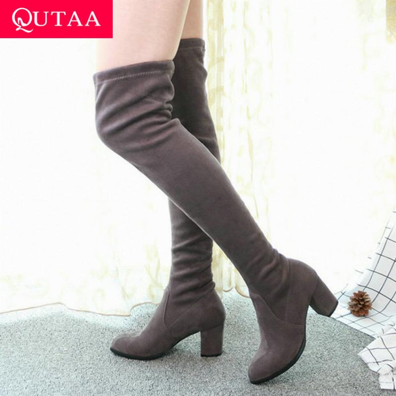 

QUTAA 2020 Platform Winter Stretch Fabrics Women Shoes Square High Heel Warm Fur All Match Over The Knee High Boots Size 34-43, Tuose